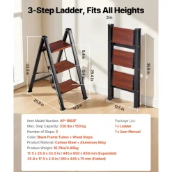 VEVOR 3 Step Ladder, Folding Step Stool with Wide Anti-Slip Pedal and Comfort Handgrip, Lightweight 330 lbs Capacity Portable Aluminum Plant Support, Multi-Use for Adults, Home Repairing, Cleaning