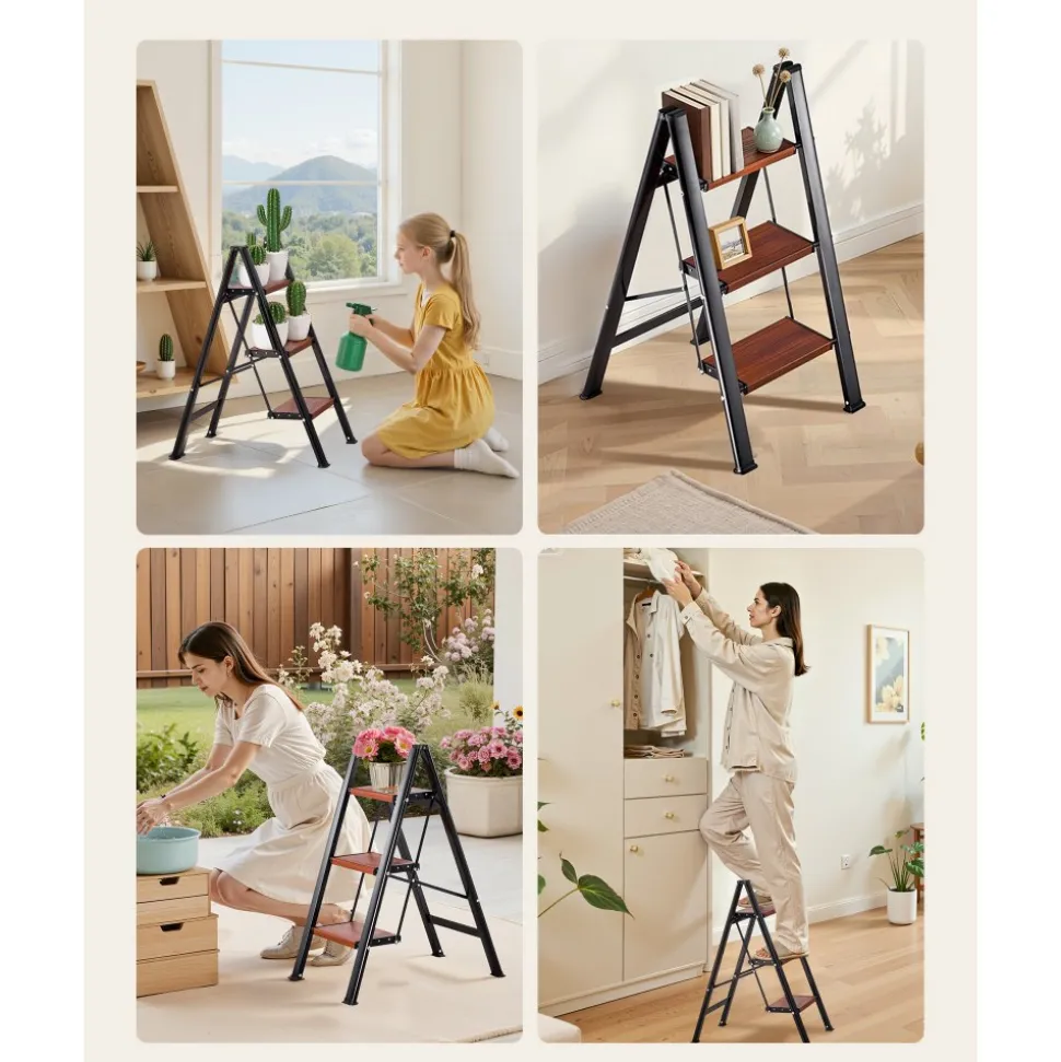 VEVOR 3 Step Ladder, Folding Step Stool with Wide Anti-Slip Pedal and Comfort Handgrip, Lightweight 330 lbs Capacity Portable Aluminum Plant Support, Multi-Use for Adults, Home Repairing, Cleaning