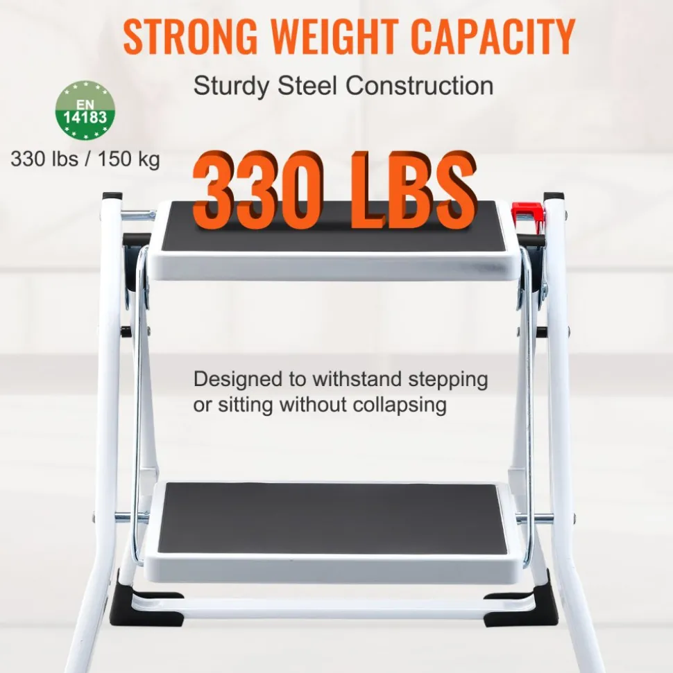VEVOR Step Ladder 2-Step 330lbs Capacity, Ergonomic Folding Steel Step Stool with Wide Anti-Slip Pedal, Sturdy Step Stool for Adults Toddlers, Multi-Use for Household, Kitchen, Office, RVs
