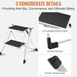 VEVOR Step Ladder 2-Step 330lbs Capacity, Ergonomic Folding Steel Step Stool with Wide Anti-Slip Pedal, Sturdy Step Stool for Adults Toddlers, Multi-Use for Household, Kitchen, Office, RVs