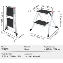 VEVOR Step Ladder 2-Step 330lbs Capacity, Ergonomic Folding Steel Step Stool with Wide Anti-Slip Pedal, Sturdy Step Stool for Adults Toddlers, Multi-Use for Household, Kitchen, Office, RVs