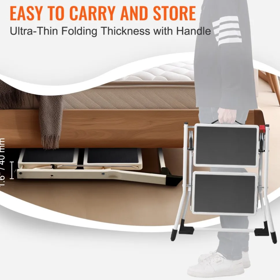 VEVOR Step Ladder 2-Step 330lbs Capacity, Ergonomic Folding Steel Step Stool with Wide Anti-Slip Pedal, Sturdy Step Stool for Adults Toddlers, Multi-Use for Household, Kitchen, Office, RVs