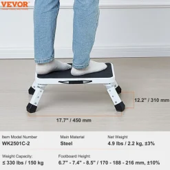 VEVOR Step Stool 1-Step 330lbs Capacity, Folding Steel Step Ladder 3 Adjustable Height, Portable Toddler Step Stools for Adults, Non-Slip Sturdy Step Ladders for Office, RVs, Pets, Bathrooms,Bedrooms