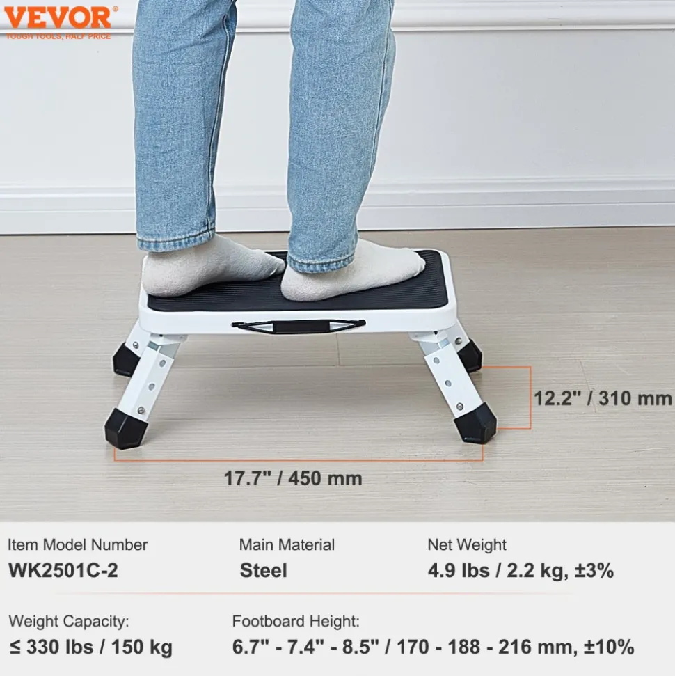 VEVOR Step Stool 1-Step 330lbs Capacity, Folding Steel Step Ladder 3 Adjustable Height, Portable Toddler Step Stools for Adults, Non-Slip Sturdy Step Ladders for Office, RVs, Pets, Bathrooms,Bedrooms