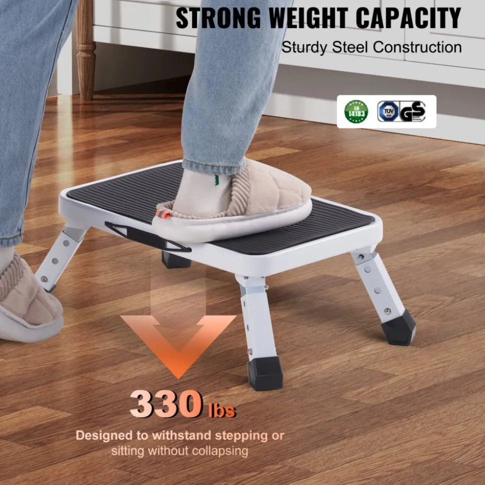 VEVOR Step Stool 1-Step 330lbs Capacity, Folding Steel Step Ladder 3 Adjustable Height, Portable Toddler Step Stools for Adults, Non-Slip Sturdy Step Ladders for Office, RVs, Pets, Bathrooms,Bedrooms
