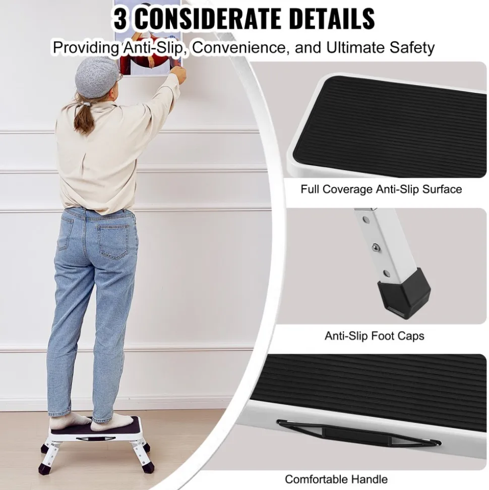 VEVOR Step Stool 1-Step 330lbs Capacity, Folding Steel Step Ladder 3 Adjustable Height, Portable Toddler Step Stools for Adults, Non-Slip Sturdy Step Ladders for Office, RVs, Pets, Bathrooms,Bedrooms