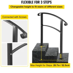 VEVOR 3-Step Transitional Handrail Fits 1 or 3 Steps Matte Stair Rail Wrought Iron Handrail with Installation Kit Hand Rails for Outdoor Steps (Unadjustable) (Black)