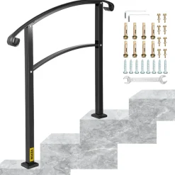 VEVOR 3-Step Transitional Handrail Fits 1 or 3 Steps Matte Stair Rail Wrought Iron Handrail with Installation Kit Hand Rails for Outdoor Steps (Unadjustable) (Black)