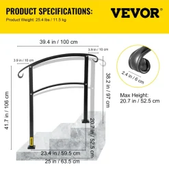VEVOR 3-Step Transitional Handrail Fits 1 or 3 Steps Matte Stair Rail Wrought Iron Handrail with Installation Kit Hand Rails for Outdoor Steps (Unadjustable) (Black)
