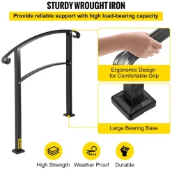 VEVOR 3-Step Transitional Handrail Fits 1 or 3 Steps Matte Stair Rail Wrought Iron Handrail with Installation Kit Hand Rails for Outdoor Steps (Unadjustable) (Black)