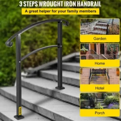 VEVOR 3-Step Transitional Handrail Fits 1 or 3 Steps Matte Stair Rail Wrought Iron Handrail with Installation Kit Hand Rails for Outdoor Steps (Unadjustable) (Black)