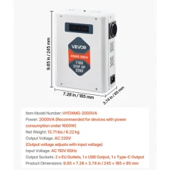 VEVOR Step Up Voltage Converter, 2000VA, Heavy Duty Voltage Power Converter, 110V to 220V Power Transformer, with 2 EU Outlets, USB Output, LCD Display, Temperature Protection, for 220V Appliances