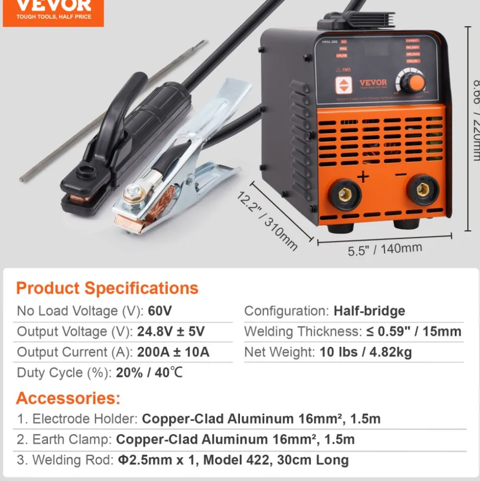VEVOR Stick Welder, 200A ARC/Lift TIG 2-IN-1 Welding Machine with IGBT Inverter 110V/220V Portable MMA Welder Machine with Hot Start, Arc force and Anti-Stick