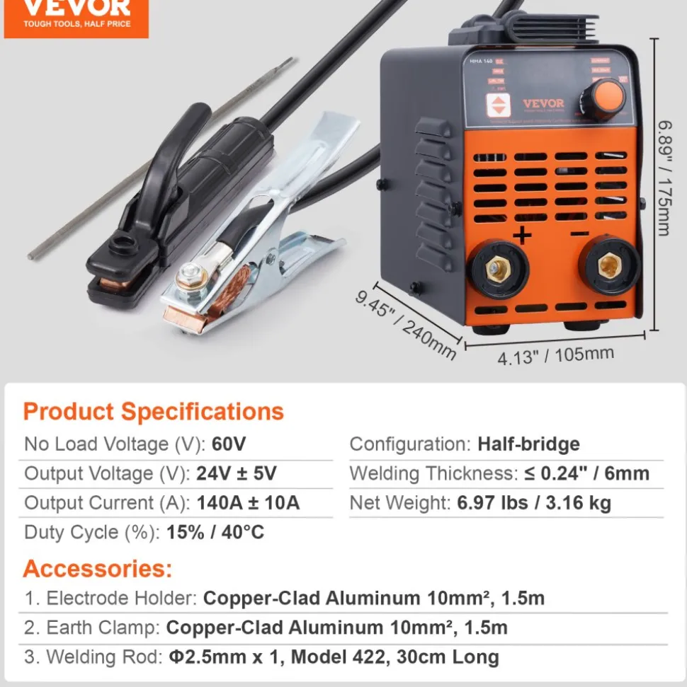 VEVOR Stick Welder, 140A ARC/Lift TIG 2-IN-1 Welding Machine with IGBT Inverter 110V Portable MMA Welder Machine with Hot Start, Arc force and Anti-Stick