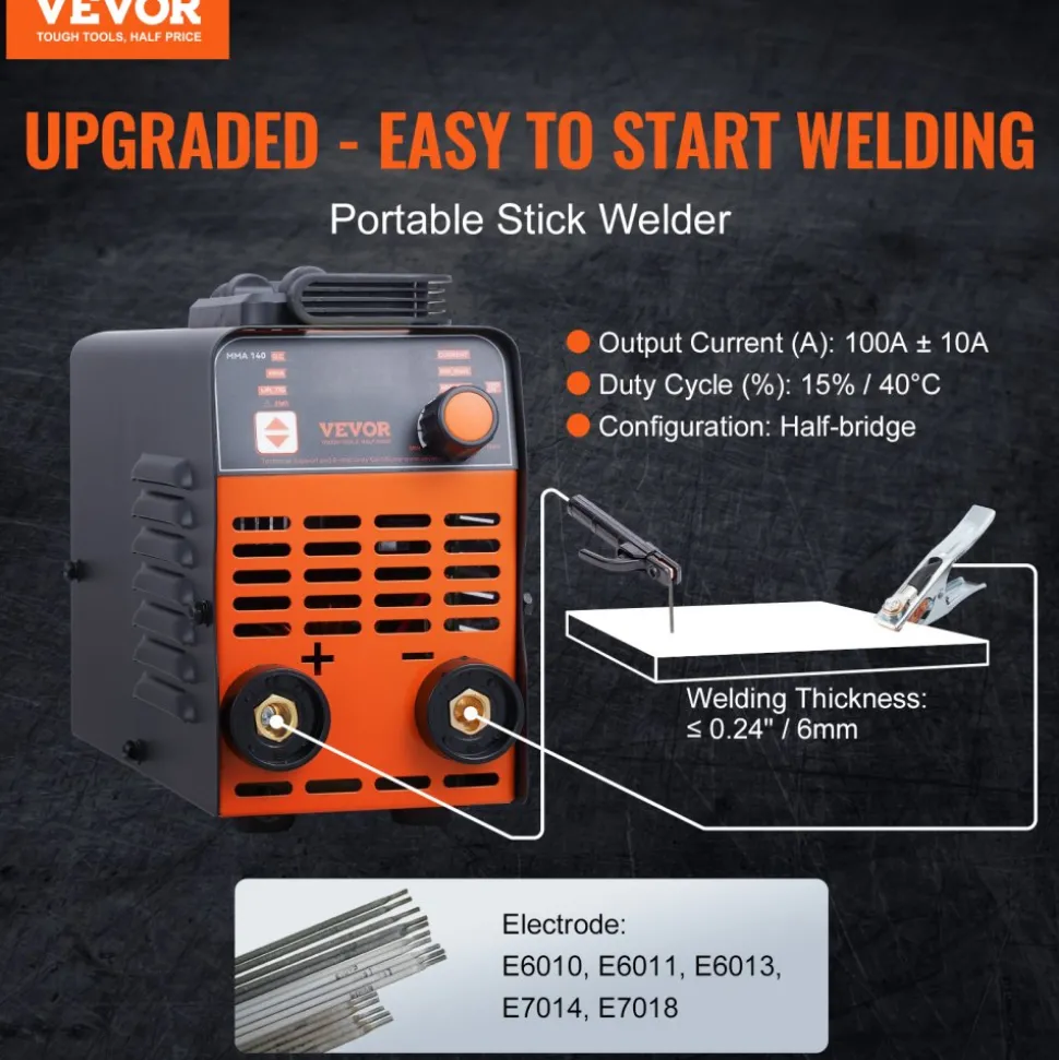 VEVOR Stick Welder, 140A ARC/Lift TIG 2-IN-1 Welding Machine with IGBT Inverter 110V Portable MMA Welder Machine with Hot Start, Arc force and Anti-Stick