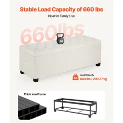 VEVOR Storage Ottoman Bench, Button-Tufted End of Bed Bench with Side Bags, Flip-up Upholstered Storage Chest with Metal Frame, Linen Bed Ottoman for Living Room, Bedroom, Entryway, Office, Beige
