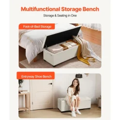 VEVOR Storage Ottoman Bench, Button-Tufted End of Bed Bench with Side Bags, Flip-up Upholstered Storage Chest with Metal Frame, Linen Bed Ottoman for Living Room, Bedroom, Entryway, Office, Beige