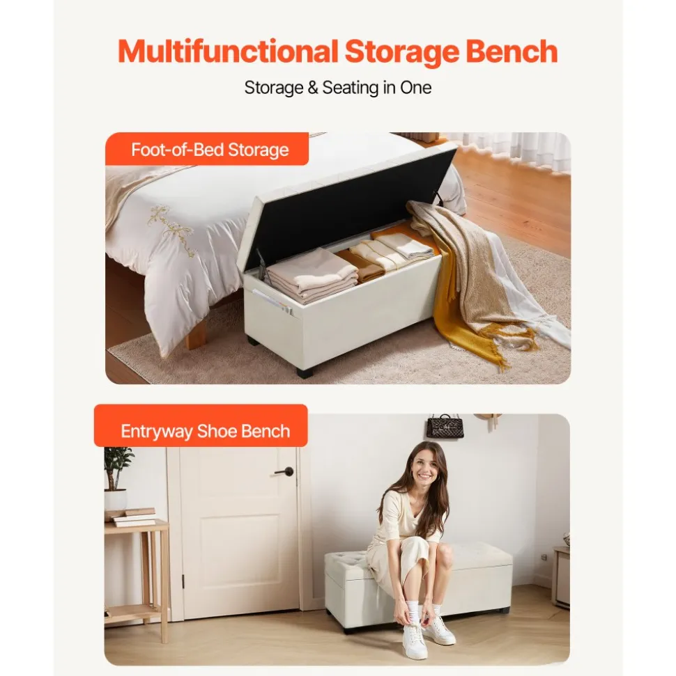 VEVOR Storage Ottoman Bench, Button-Tufted End of Bed Bench with Side Bags, Flip-up Upholstered Storage Chest with Metal Frame, Linen Bed Ottoman for Living Room, Bedroom, Entryway, Office, Beige