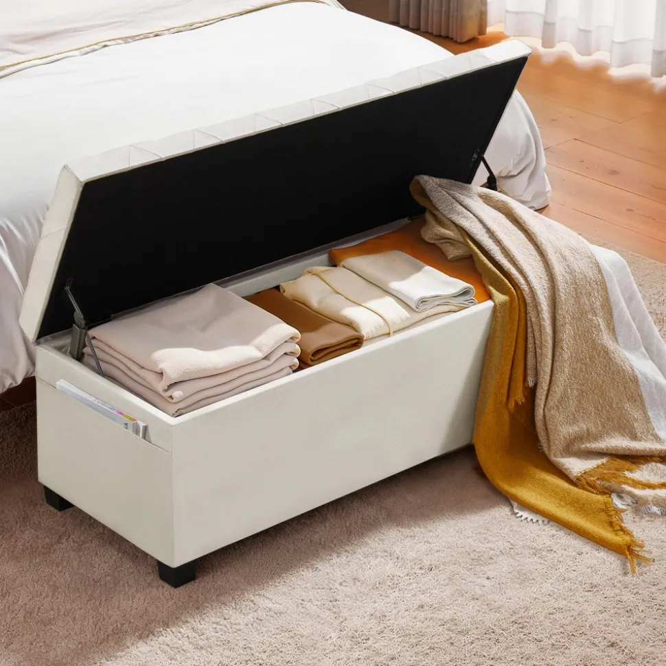 VEVOR Storage Ottoman Bench, Button-Tufted End of Bed Bench with Side Bags, Flip-up Upholstered Storage Chest with Metal Frame, Linen Bed Ottoman for Living Room, Bedroom, Entryway, Office, Beige