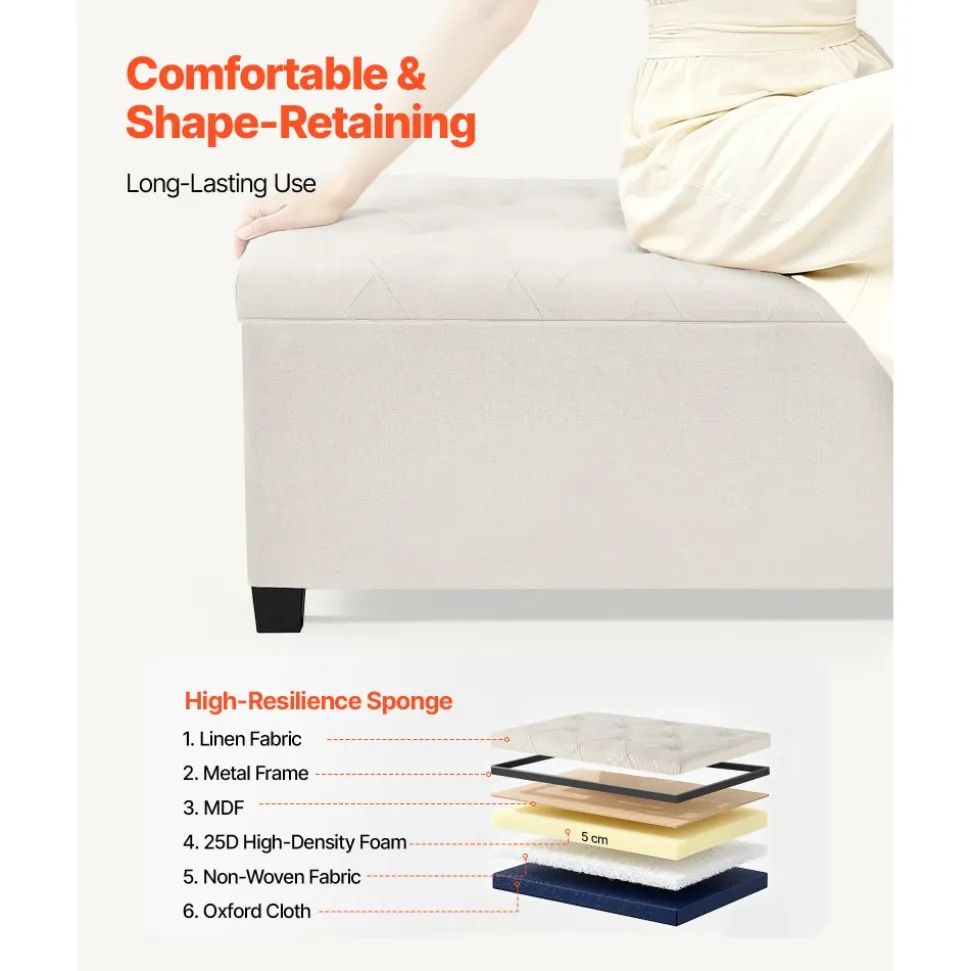 VEVOR Storage Ottoman Bench, Button-Tufted End of Bed Bench with Side Bags, Flip-up Upholstered Storage Chest with Metal Frame, Linen Bed Ottoman for Living Room, Bedroom, Entryway, Office, Beige