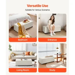 VEVOR Storage Ottoman Bench, Button-Tufted End of Bed Bench with Side Bags, Flip-up Upholstered Storage Chest with Metal Frame, Linen Bed Ottoman for Living Room, Bedroom, Entryway, Office, Beige