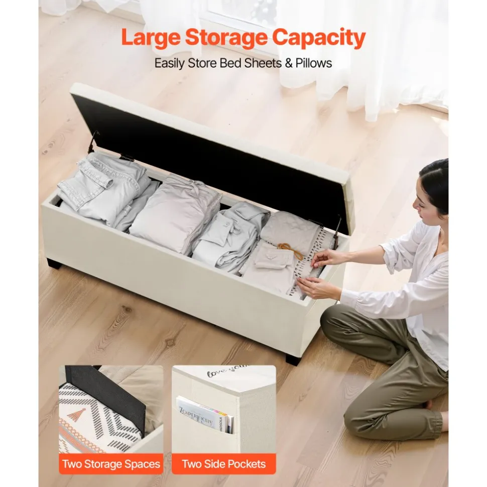 VEVOR Storage Ottoman Bench, Button-Tufted End of Bed Bench with Side Bags, Flip-up Upholstered Storage Chest with Metal Frame, Linen Bed Ottoman for Living Room, Bedroom, Entryway, Office, Beige