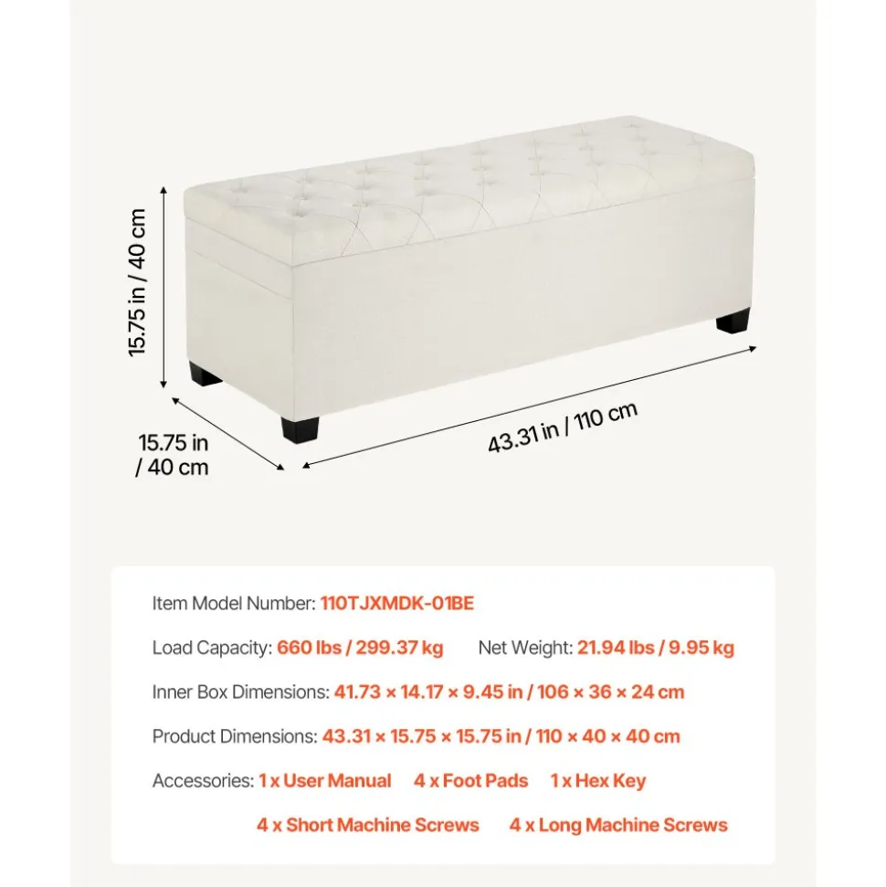 VEVOR Storage Ottoman Bench, Button-Tufted End of Bed Bench with Side Bags, Flip-up Upholstered Storage Chest with Metal Frame, Linen Bed Ottoman for Living Room, Bedroom, Entryway, Office, Beige