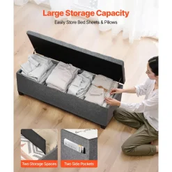 VEVOR Storage Ottoman Bench, Button-Tufted End of Bed Bench with Side Bags, Flip-up Upholstered Storage Chest with Metal Frame, Linen Bed Ottoman for Living Room, Bedroom, Entryway, Office, Grey