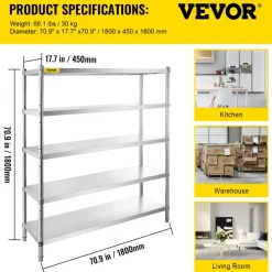 VEVOR Storage Shelf, 5-Tier Storage Shelving Unit, Stainless Steel Garage Shelf, 70.9 x 17.7 x 70.9 inch Heavy Duty Storage Shelving, 1650 Lbs Total Capacity with Adjustable Height