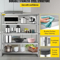 VEVOR Storage Shelf, 5-Tier Storage Shelving Unit, Stainless Steel Garage Shelf, 70.9 x 17.7 x 70.9 inch Heavy Duty Storage Shelving, 1650 Lbs Total Capacity with Adjustable Height