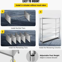 VEVOR Storage Shelf, 5-Tier Storage Shelving Unit, Stainless Steel Garage Shelf, 70.9 x 17.7 x 70.9 inch Heavy Duty Storage Shelving, 1650 Lbs Total Capacity with Adjustable Height
