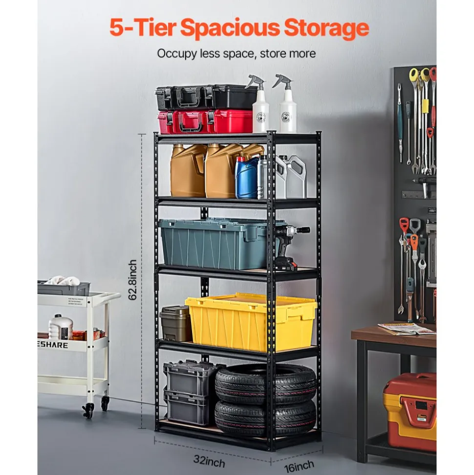 VEVOR Storage Shelves, 2000 lbs, 5 Tier Garage Storage Shelving, 16" D x 32" W x 62.8" H Adjustable Metal Shelves for Garage Shelves Utility Rack Shelf, Ideal for Kitchen, Warehouse, Basement, Black