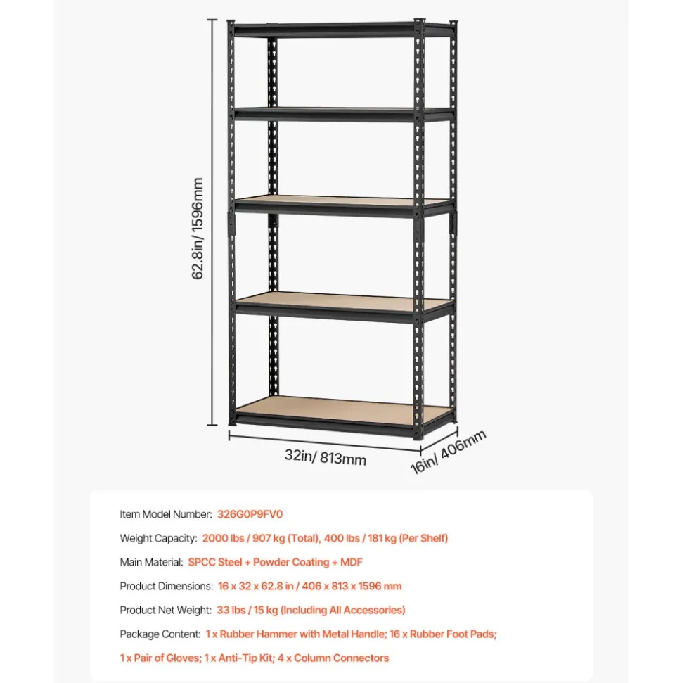 VEVOR Storage Shelves, 2000 lbs, 5 Tier Garage Storage Shelving, 16" D x 32" W x 62.8" H Adjustable Metal Shelves for Garage Shelves Utility Rack Shelf, Ideal for Kitchen, Warehouse, Basement, Black