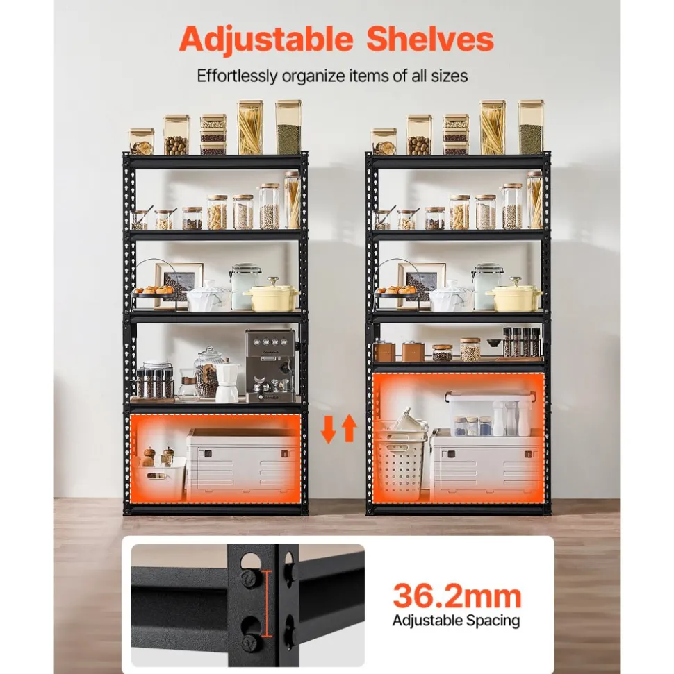 VEVOR Storage Shelves, 2000 lbs, 5 Tier Garage Storage Shelving, 16" D x 32" W x 62.8" H Adjustable Metal Shelves for Garage Shelves Utility Rack Shelf, Ideal for Kitchen, Warehouse, Basement, Black