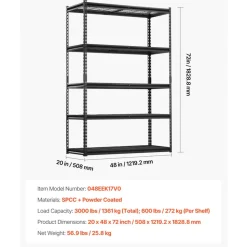 VEVOR Storage Shelves, 3000 lbs, 5 Tier Heavy Duty Garage Shelving, 20