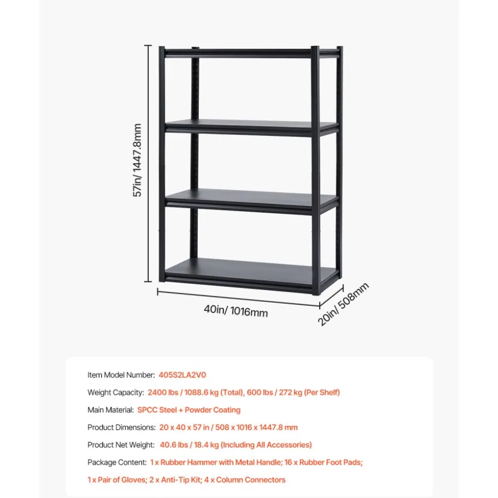 VEVOR Storage Shelves, 2400 lbs, 4 Tier Garage Storage Shelving, 20" D x 40" W x 57" H Adjustable Metal Shelves for Garage Shelves Utility Rack Shelf, Ideal for Kitchen, Warehouse, Basement, Black