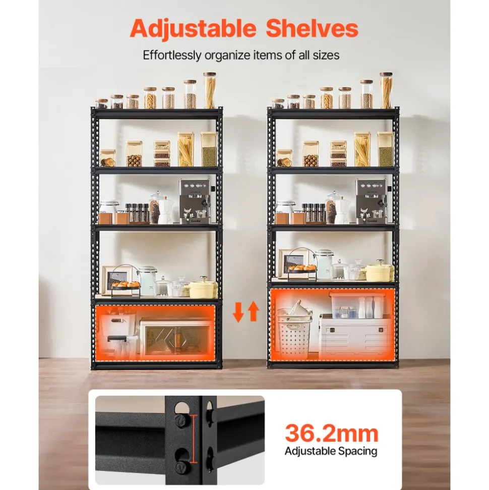 VEVOR Storage Shelves, 2000 lbs, 5 Tier Garage Storage Shelving, 16" D x 36" W x 71.4" H Adjustable Metal Shelves for Garage Shelves Utility Rack Shelf, Ideal for Kitchen, Warehouse, Basement, Black