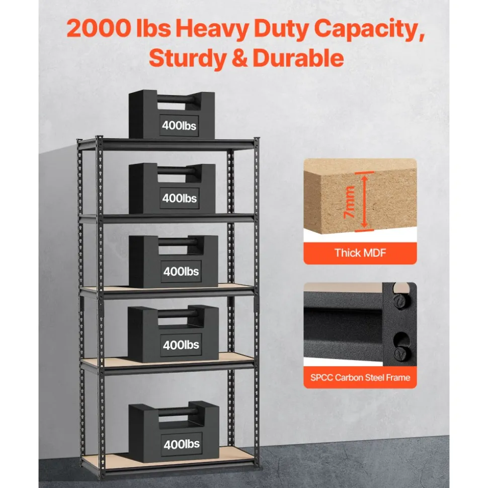 VEVOR Storage Shelves, 2000 lbs, 5 Tier Garage Storage Shelving, 16" D x 36" W x 71.4" H Adjustable Metal Shelves for Garage Shelves Utility Rack Shelf, Ideal for Kitchen, Warehouse, Basement, Black