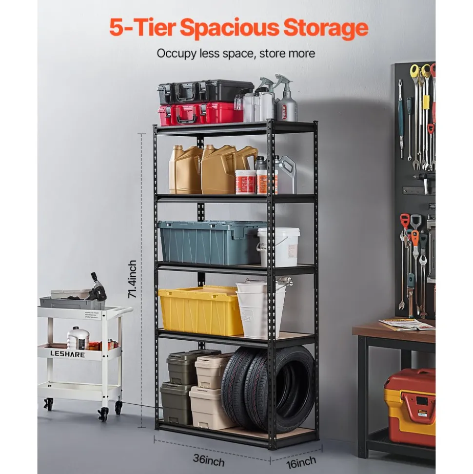 VEVOR Storage Shelves, 2000 lbs, 5 Tier Garage Storage Shelving, 16" D x 36" W x 71.4" H Adjustable Metal Shelves for Garage Shelves Utility Rack Shelf, Ideal for Kitchen, Warehouse, Basement, Black