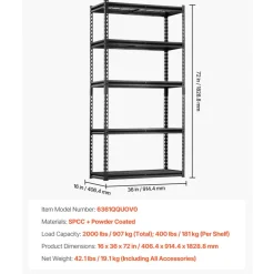 VEVOR Storage Shelves, 2000 lbs, 5 Tier Heavy Duty Garage Shelving, 16