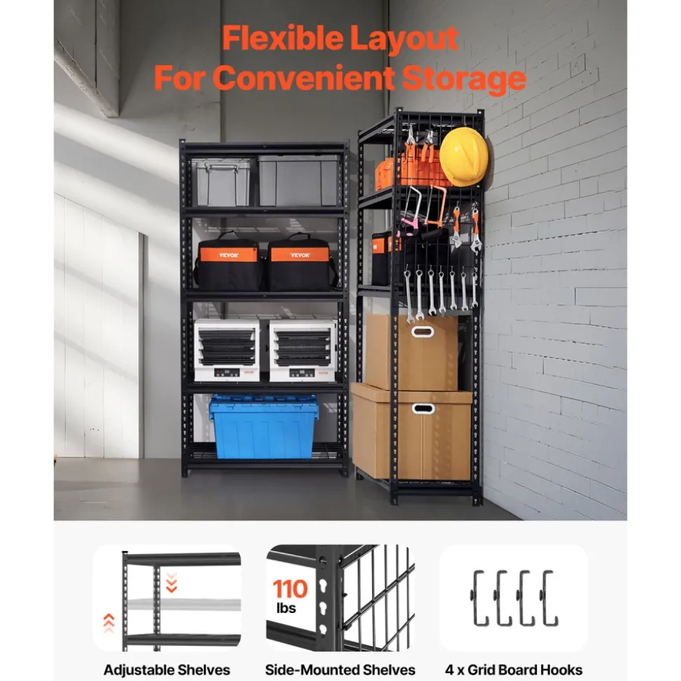 VEVOR Storage Shelves, 2000 lbs, 5 Tier Heavy Duty Garage Shelving, 16" D x 36" W x 72" H Adjustable Metal Shelves for Industrial Shelving Unit Utility Shelf, for Kitchen, Warehouse, Basement, Black