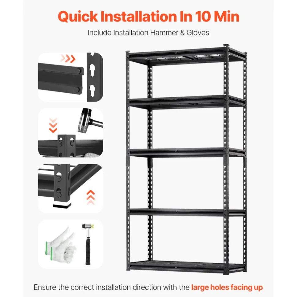 VEVOR Storage Shelves, 2000 lbs, 5 Tier Heavy Duty Garage Shelving, 16" D x 36" W x 72" H Adjustable Metal Shelves for Industrial Shelving Unit Utility Shelf, for Kitchen, Warehouse, Basement, Black