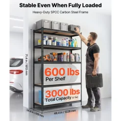 VEVOR Storage Shelves, 5-Tier Adjustable, 3000 lbs Capacity, Heavy Duty Garage Storage Shelving Unit, Metal Utility Rack Shelf, for Garage Workshop Warehouse Basement, 48.35