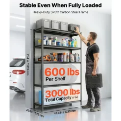 VEVOR Storage Shelves, 5-Tier Adjustable, 3000 lbs Capacity, Heavy Duty Garage Storage Shelving Unit, Metal Utility Rack Shelf, for Garage Workshop Warehouse Basement, 48.43" W x 20.55" D x 71.38" H