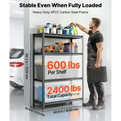 VEVOR Storage Shelves, 4-Tier Adjustable, 2400 lbs Capacity, Heavy Duty Garage Storage Shelving Unit, Metal Utility Rack Shelf, for Garage Workshop Warehouse Basement, 40.55