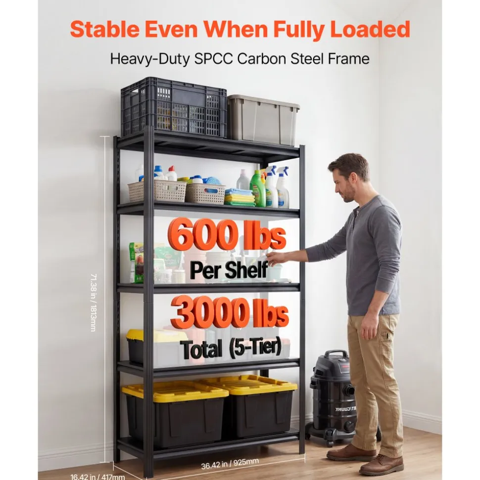 VEVOR Storage Shelves, 5-Tier Adjustable, 2000 lbs Capacity, Heavy Duty Garage Storage Shelving Unit, Metal Utility Rack Shelf, for Kitchen Pantry Basement Bathroom, 28.35" W x 12.17" D x 59.84" H