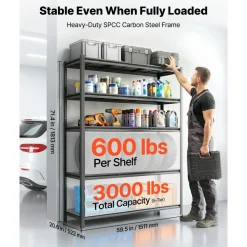VEVOR Storage Shelves, 5-Tier Adjustable, 3000 lbs Capacity, Heavy Duty Garage Storage Shelving Unit, Metal Utility Rack Shelf, for Garage Workshop Warehouse Basement, 59.49
