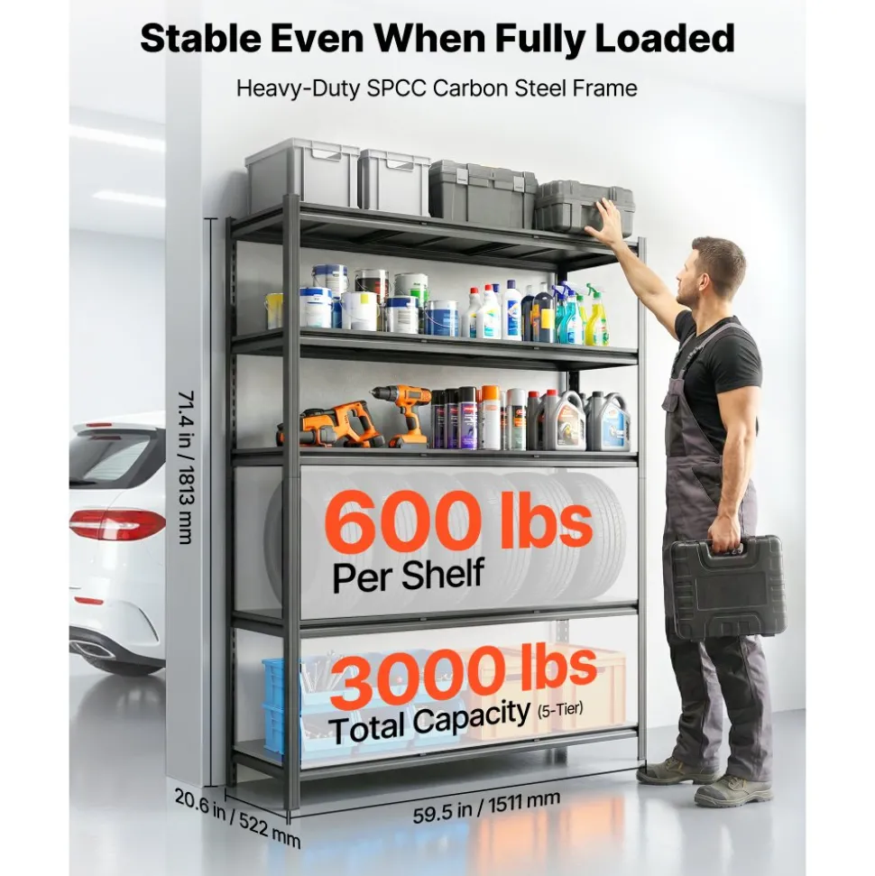 VEVOR Storage Shelves, 5-Tier Adjustable, 3000 lbs Capacity, Heavy Duty Garage Storage Shelving Unit, Metal Utility Rack Shelf, for Garage Workshop Warehouse Basement, 59.49" W x 20.55" D x 71.38" H