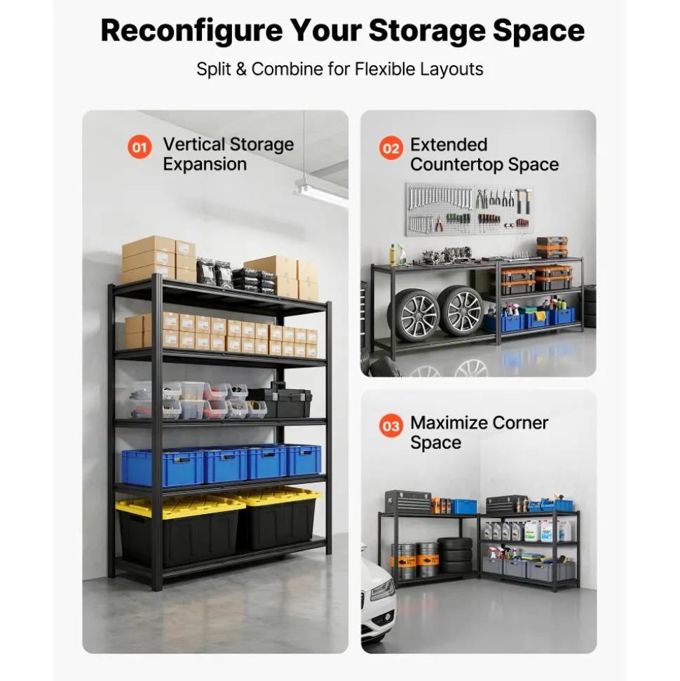 VEVOR Storage Shelves, 5-Tier Adjustable, 3000 lbs Capacity, Heavy Duty Garage Storage Shelving Unit, Metal Utility Rack Shelf, for Garage Workshop Warehouse Basement, 59.49" W x 20.55" D x 71.38" H