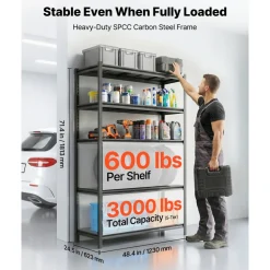VEVOR Storage Shelves, 5-Tier Adjustable, 3000 lbs Capacity, Heavy Duty Garage Storage Shelving Unit, Metal Utility Rack Shelf, for Garage Workshop Warehouse Basement, 48.43